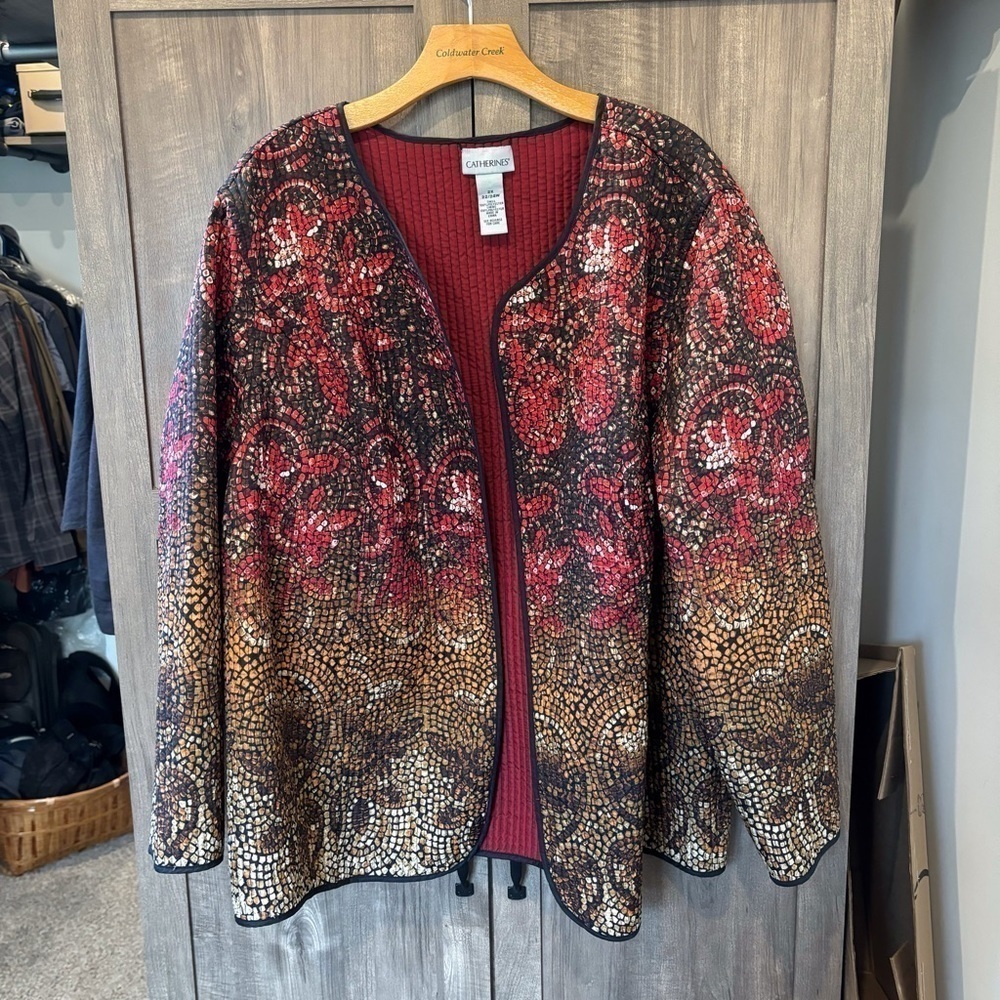 Catherines 2X Open Front Jacket Quilted Multicolor Burgundy Lightweight